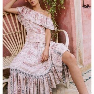 Spell Zahara Midi Cottagecore Pink Pinstripe Metallic Skirt Size Medium